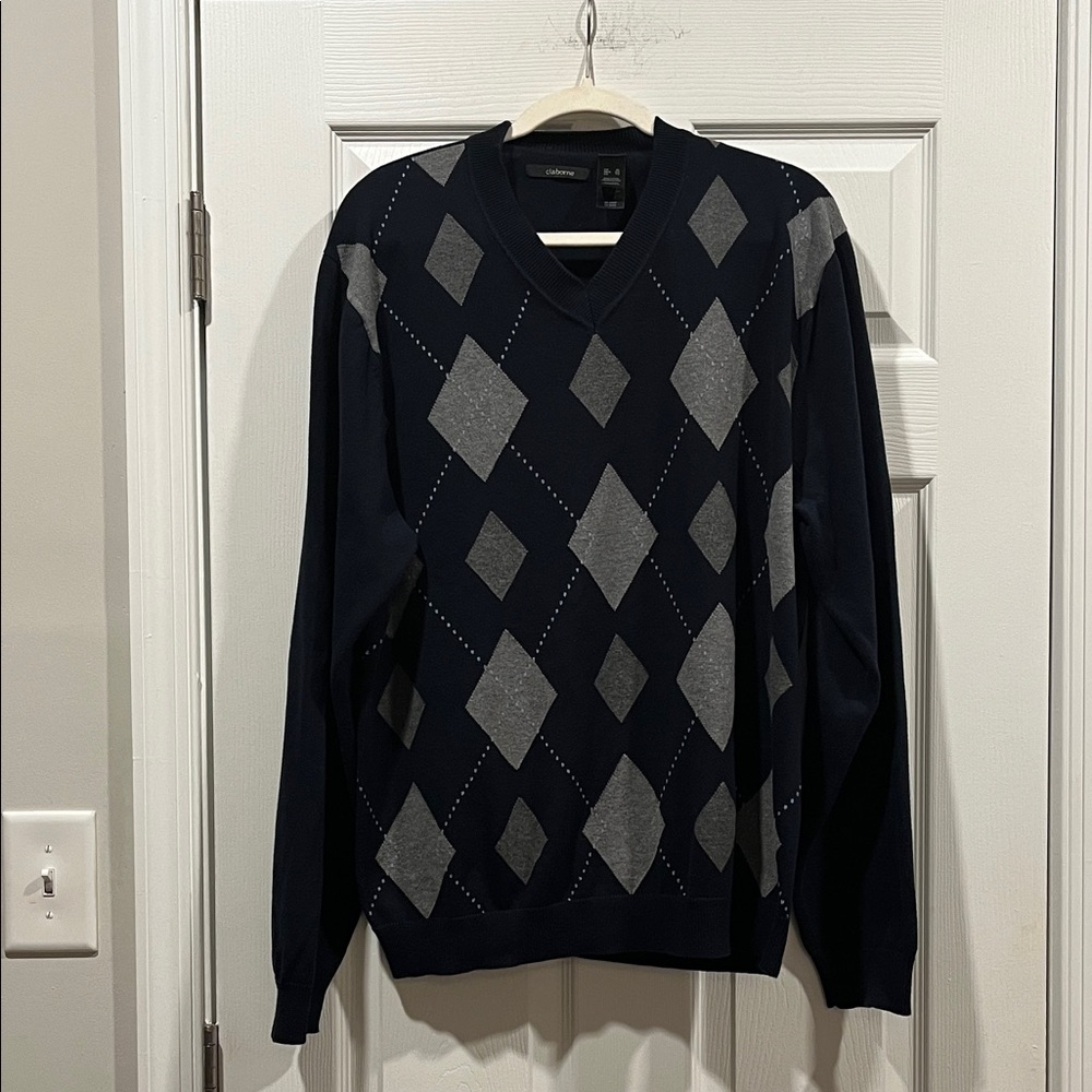 Men’s Claiborne‎ Navy and Gray Argyle V-Neck Sweater Size XL